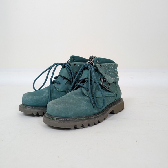 Cat Antique Green Leather Boots Turquoise Work Chunky Combat Studs - Picture 10 of 11